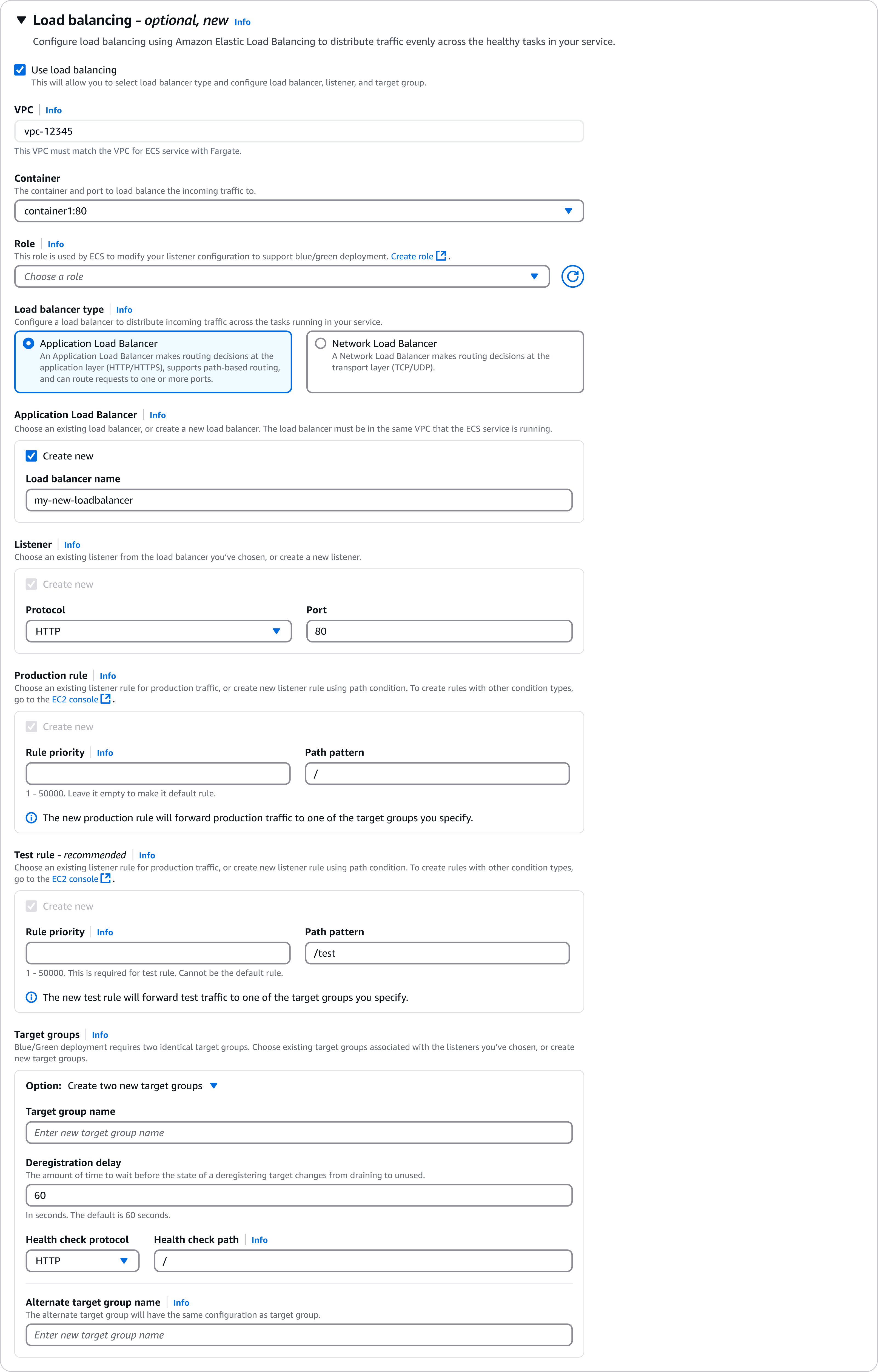 Blue/green deployment load balancing configuration: application load balancer, listener, production and test rules, and target groups