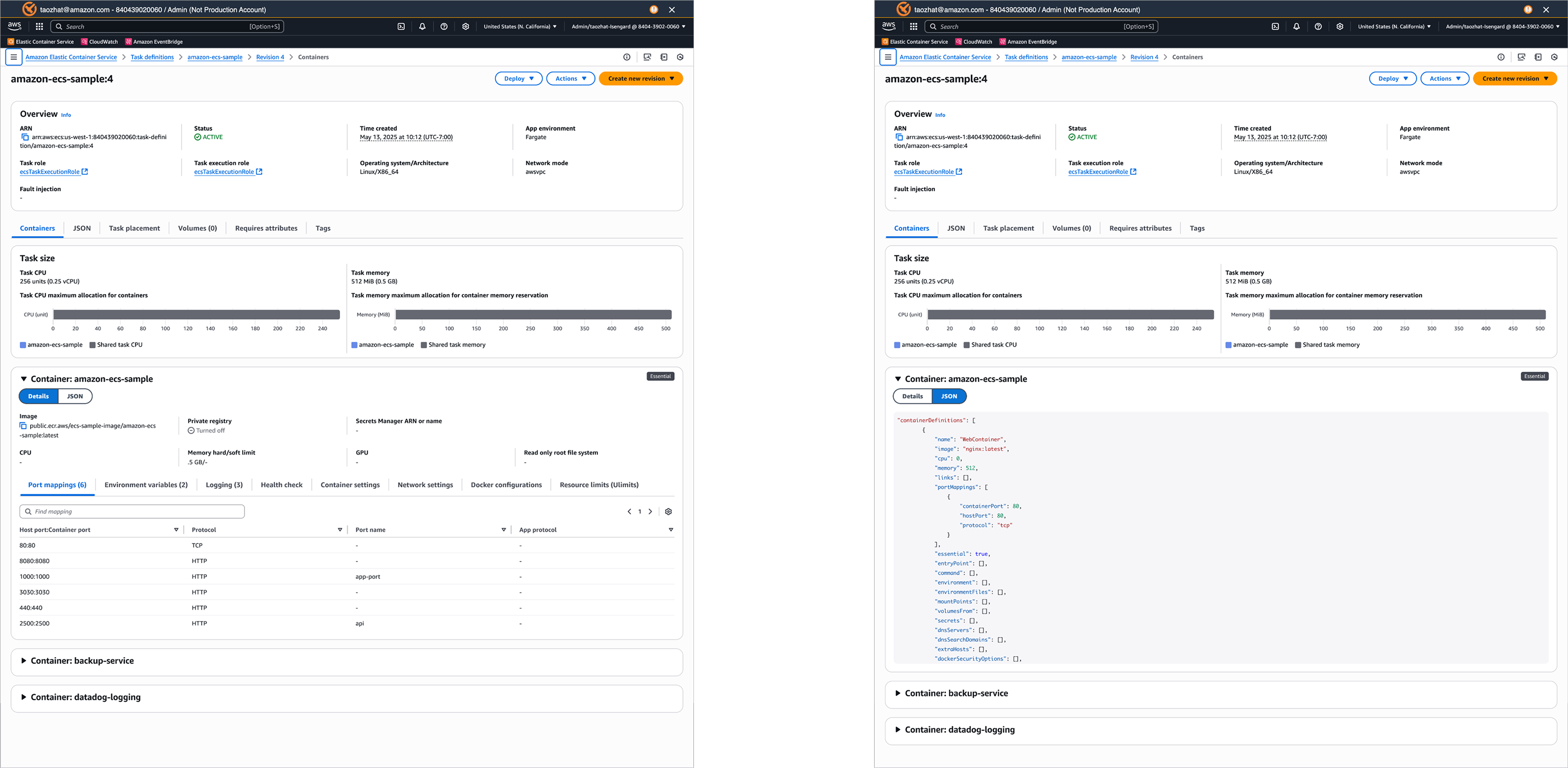 The redesigned ECS task definition page: each container is a collapsible panel on the page itself, with Details and JSON tabs and inline sub-tabs for port mappings, environment variables, logging, health check, and more, so nothing hides behind a modal