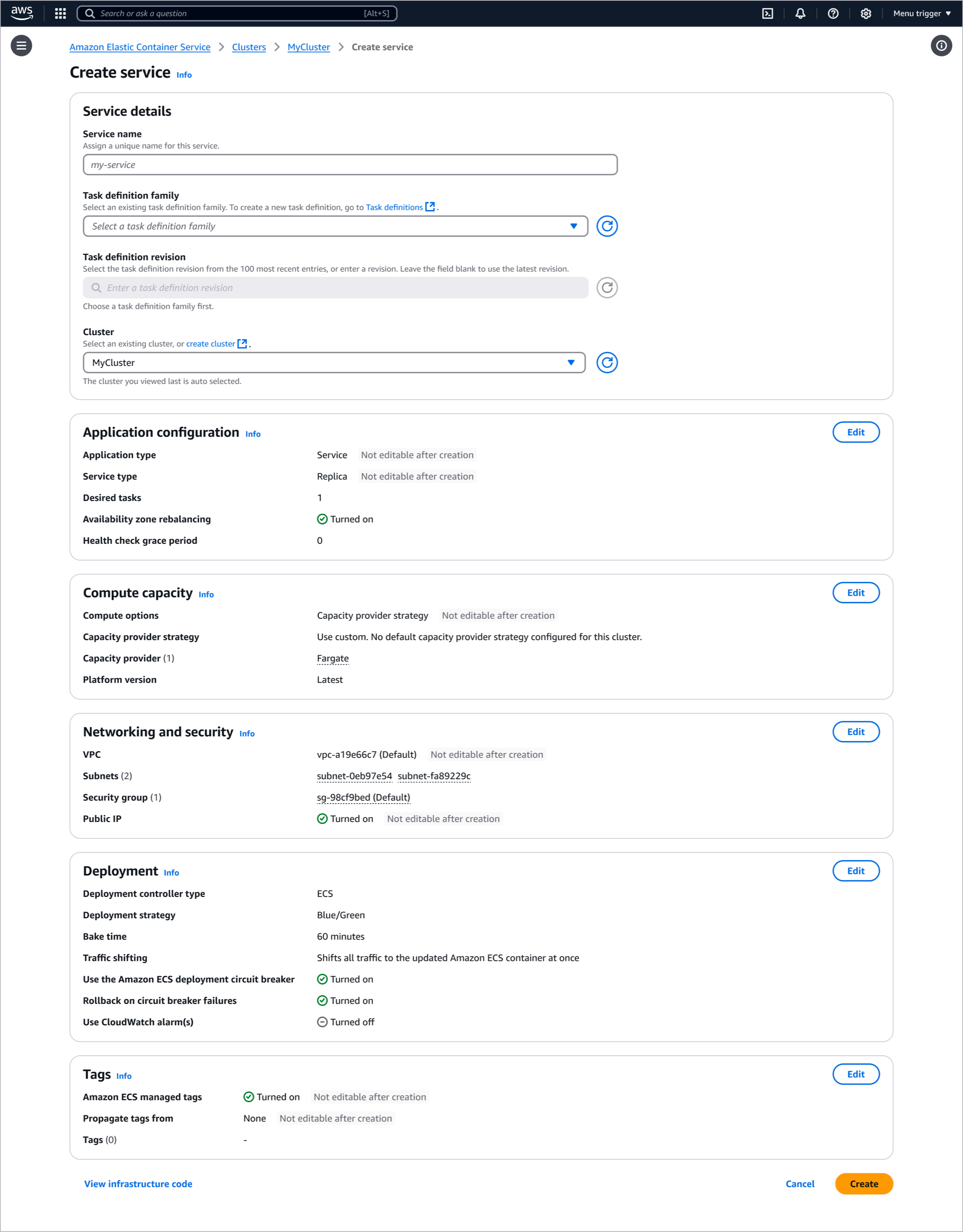 The redesigned ECS Create service form: a single streamlined flow that blends the default and custom paths, applies sensible defaults from the task definition and cluster, and separates reading configuration from editing it