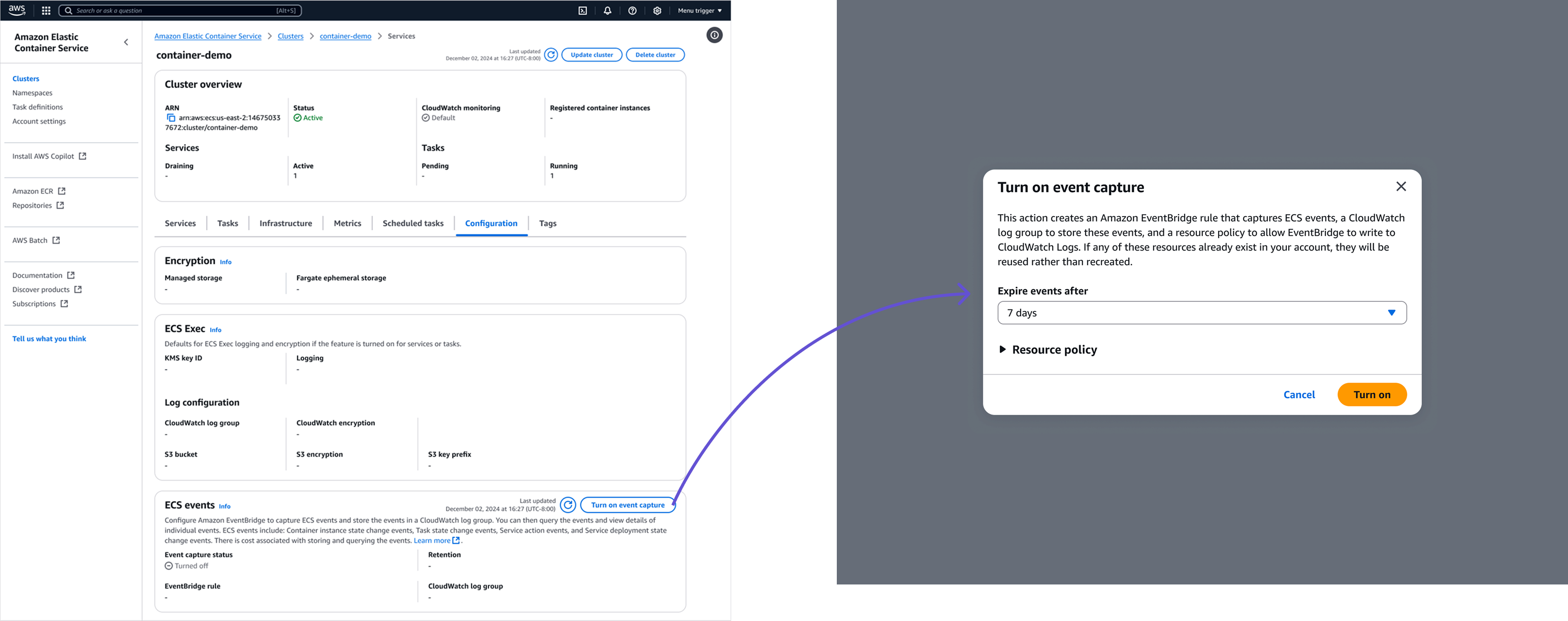 The redesigned ECS events section: a 'Turn on event capture' button opens a modal explaining it will create an EventBridge rule, a CloudWatch log group, and a resource policy in one action, reusing any that already exist, with an option to set how long events are retained