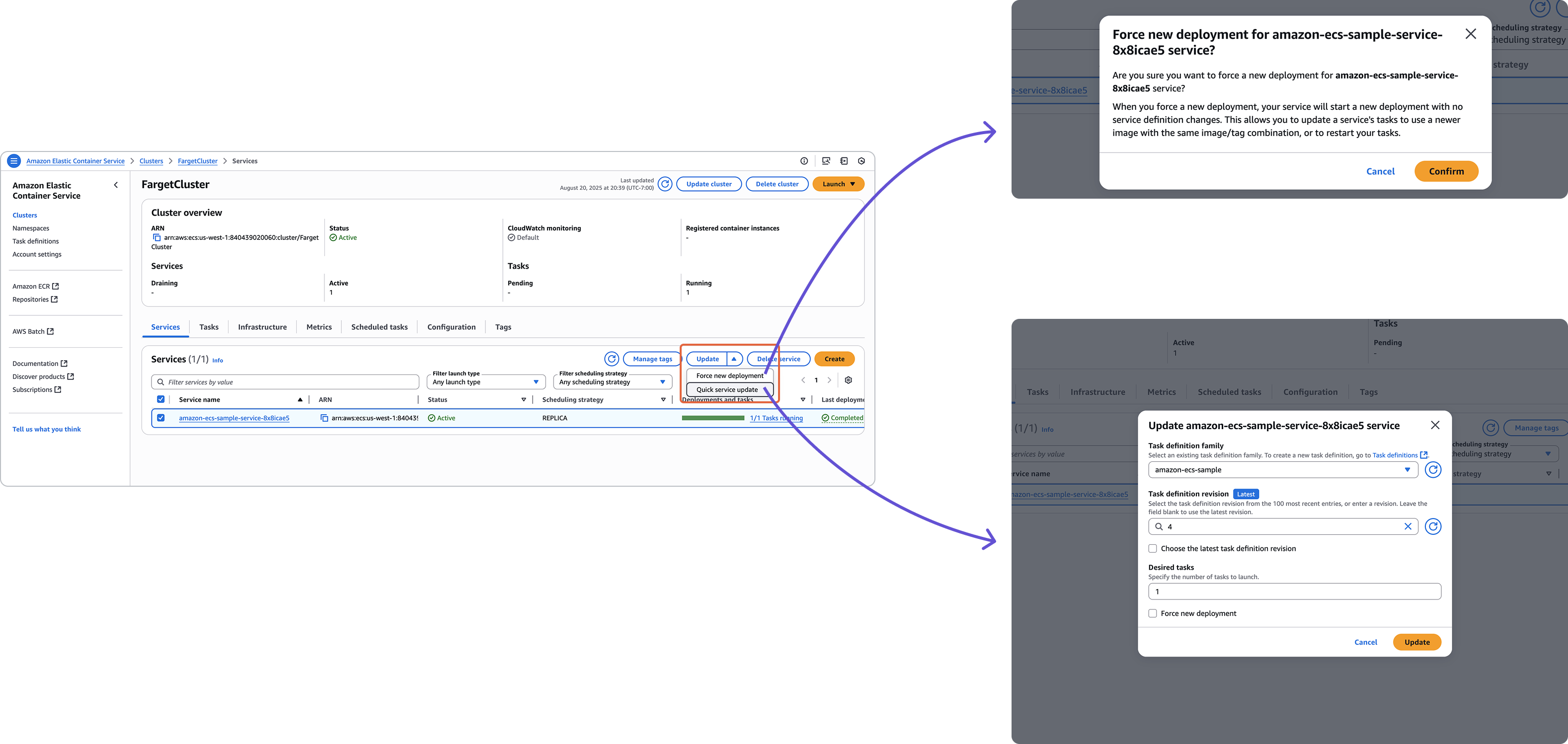 The ECS services list with the Update dropdown expanded, showing Force new deployment and Quick service update shortcuts that act on the selected service straight from the list, plus the confirmation dialog and update modal they open, without the full Update service form