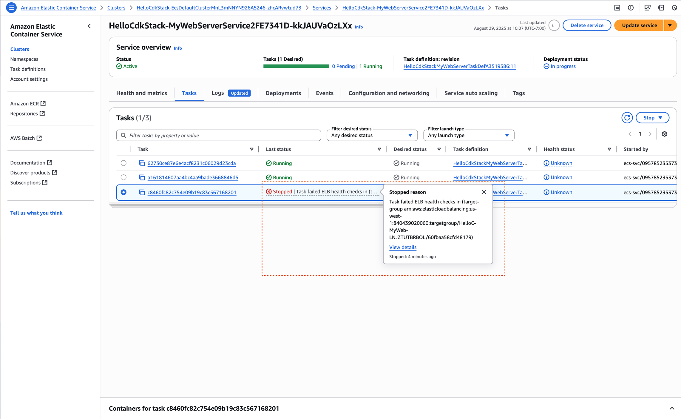 The redesigned service details Tasks tab: a stopped task's status shows the specific reason inline, and hovering reveals a stopped-reason popover with the full detail and a View details link, so the cause is visible without opening the task details page