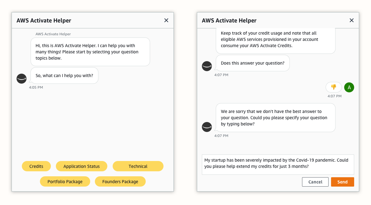 Automated support chatbot for AWS Activate users