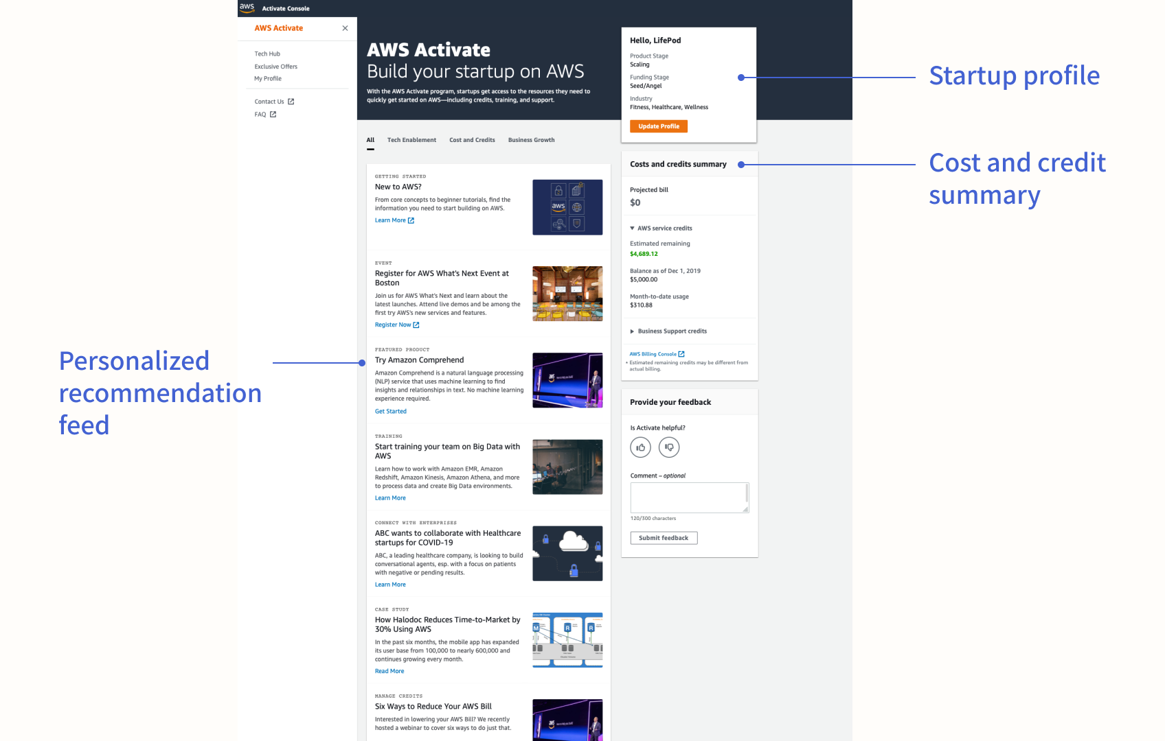 AWS Activate Console home experience