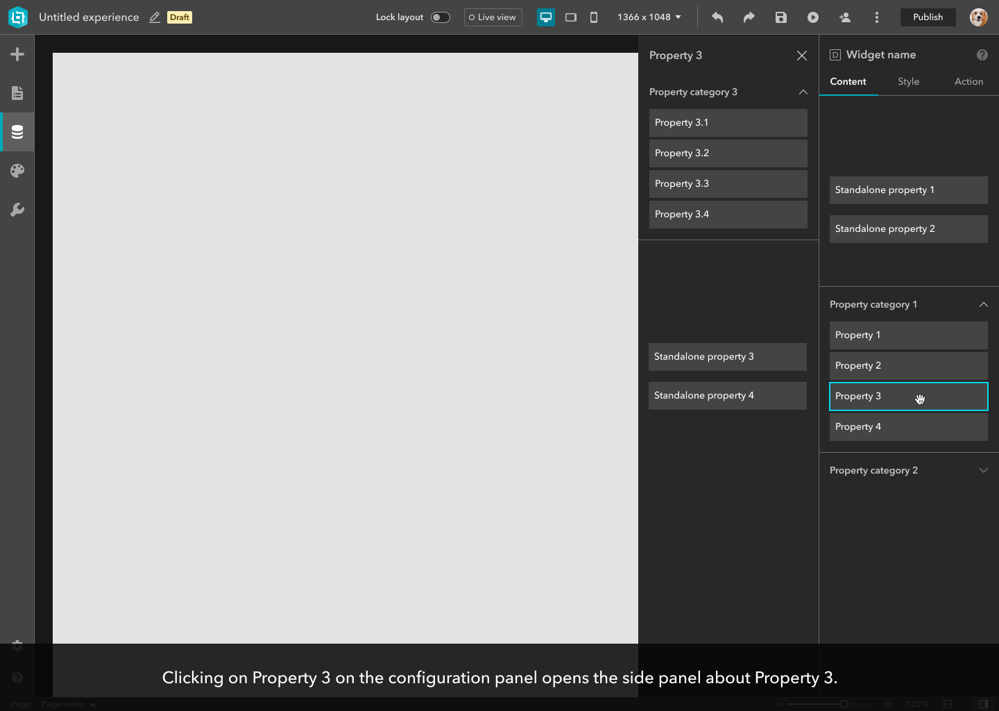 Information architecture for widget properties related to side panels